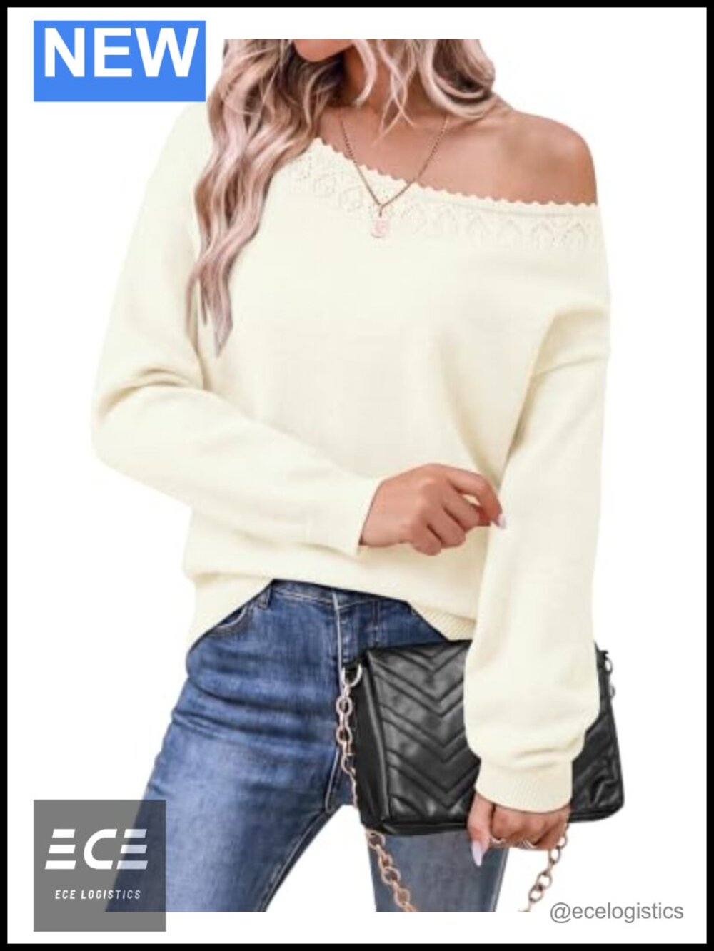Messic Off the Shoulder Boat Neck Pullover Sweater Long Sleeve